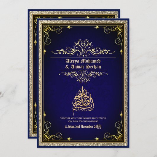 NIKAH - Islamische Hochzeitskalligrafie Blue Gold Einladung (Vorne/Hinten)