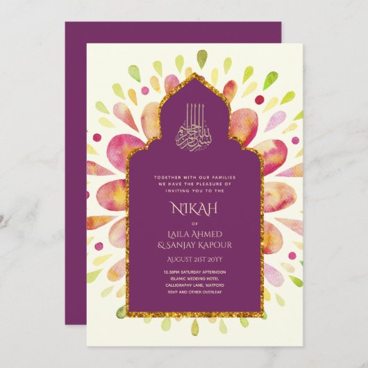 NIKAH - Modern Mandala Berry Gold Wedding Invitati Einladung (Vorne/Hinten)