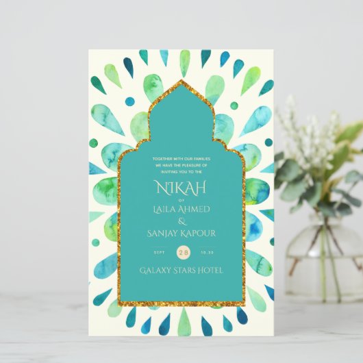 NIKAH - Modern Mandala Turquoise Gold Wedding Invi (Stehend Vorderseite)