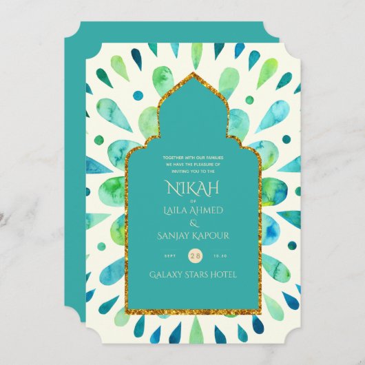 NIKAH - Moderne Mandala Turquoise Gold Wedding Einladung (Vorne/Hinten)