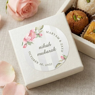 Nikah Mubarak Hochzeitsgeschenk   Rosa Pfingstrose Runder Aufkleber
