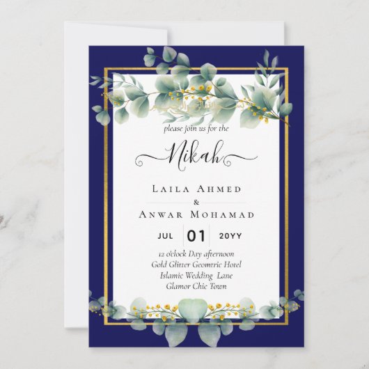 NIKAH NAVY BLUE GOLD Greenerie Eukalyptus Wedding Einladung (Vorderseite)