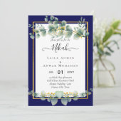 NIKAH NAVY BLUE GOLD Greenerie Eukalyptus Wedding Einladung (Stehend Vorderseite)