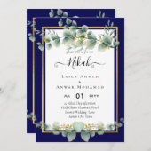 NIKAH NAVY BLUE GOLD Greenerie Eukalyptus Wedding Einladung (Vorne/Hinten)