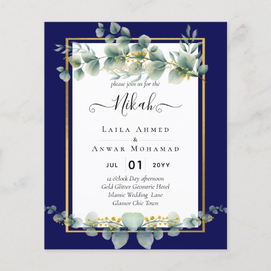 NIKAH NAVY BLUE GOLD Greenerie Eukalyptus Wedding Flyer (Vorne)