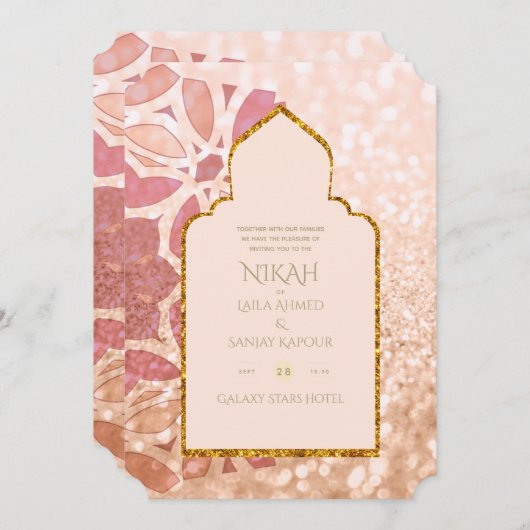 NIKAH - Verzierte Rosegold Pink Gold Wedding Einladung (Vorne/Hinten)
