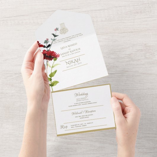 NIKAH WALLIMAH Gold Floral All in One Einladung (Abreißen)