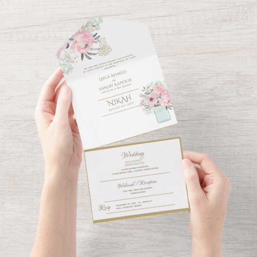 NIKAH WALLIMAH Gold Floral All in One Einladung (Abreißen)