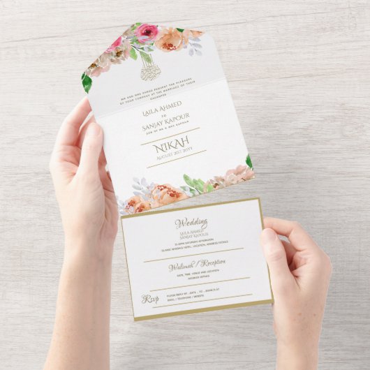 NIKAH WALLIMAH Gold Floral All in One Einladung (Abreißen)