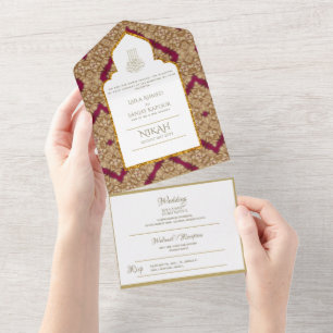 NIKAH WALLIMAH Gold Red Verziert All In One Einladung