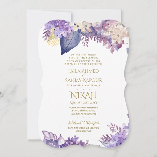 NIKAH Wedding Invite - Walimah Lila Floral Gold Einladung (Vorderseite)
