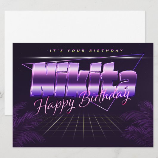 Nikita Name Vorname lila retro Karte Geburtstag (Vorne/Hinten)