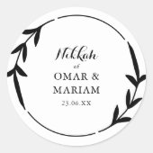 Nikkah Elegant Black & White Leaf Wreathe Border Runder Aufkleber (Vorderseite)