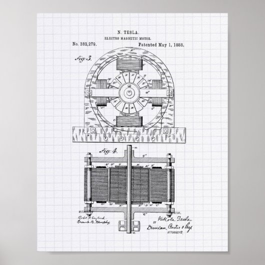 Nikola Tesla 1888 Patent Art - Lined Peper Poster (Vorne)