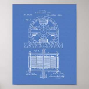 Nikola Tesla 1888 Patentart - Blueprint Poster