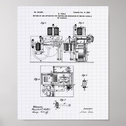 Nikola Tesla 1898 Patent Art - Lined Peper Poster (Vorne)