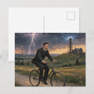 Nikola Tesla fährt Fahrrad zu seinem Labor um 1893 Feiertagspostkarte