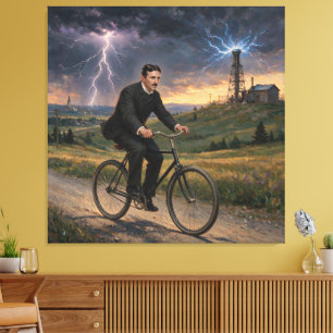 Nikola Tesla fährt Fahrrad zu seinem Labor um 1893 Leinwanddruck