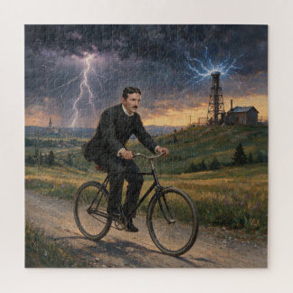 Nikola Tesla fährt Fahrrad zu seinem Labor um 1893 Puzzle
