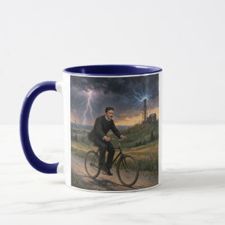 Nikola Tesla fährt Fahrrad zu seinem Labor um 1893 Tasse