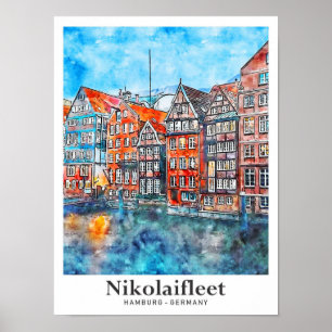 Nikolaifleet Hamburg Deutschland Reise Aquarell Poster