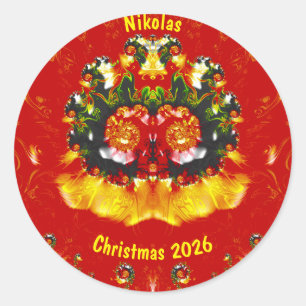 NIKOLAS ~ WEIHNACHTEN Rot Grün Gelb Fraktal ~  Runder Aufkleber