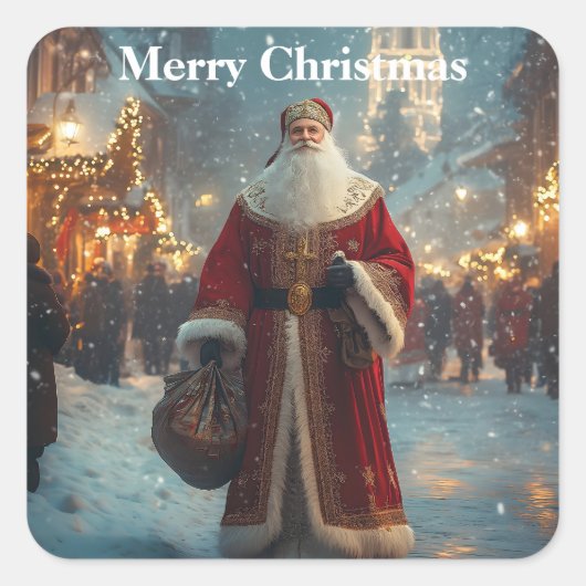 Nikolaus im festlichen Snowy Village Quadratischer Aufkleber (Vorderseite)