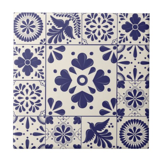 Nil Blue Mexican Traditional Floral Talavera Fliese (Vorderseite)