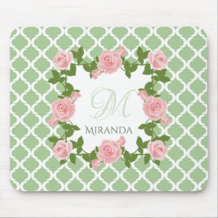 Nil-Grün Quatrefoil rosa Rosen-Monogramm mit Name Mousepad