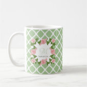 Nil-Grün Quatrefoil rosa Rosen-Monogramm mit Namen Kaffeetasse (Links)