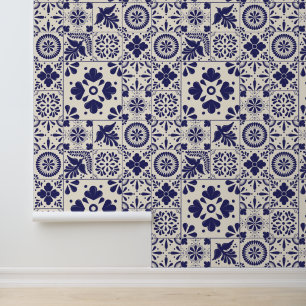 Nile Blue Linen Mexican Traditional Talavera Tiles Tapete