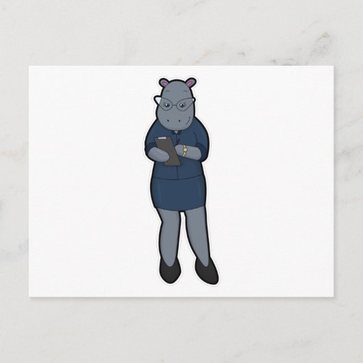 Nilpferd als Sekretär mit Notizblock und Stift Postkarte (Vorderseite)