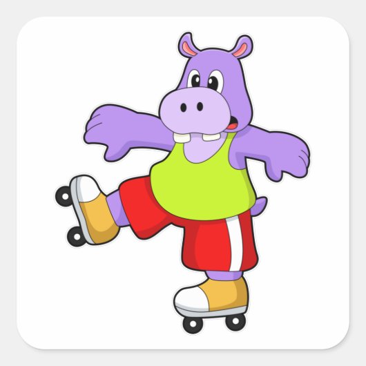 Nilpferd als Skater mit Inline-Skates Quadratischer Aufkleber (Vorderseite)