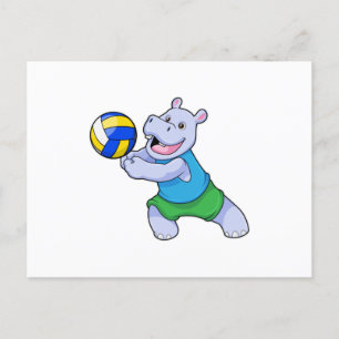 Nilpferd als Volleyballspieler mit Volleyball Postkarte