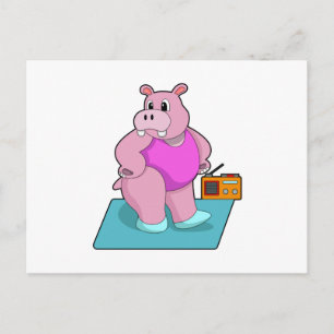 Nilpferd beim Fitnesstraining mit Radio.PNG Postkarte