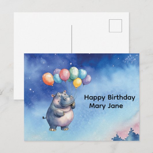 Nilpferd-Geburtstag mit Luftballons Postkarte (Vorne/Hinten)