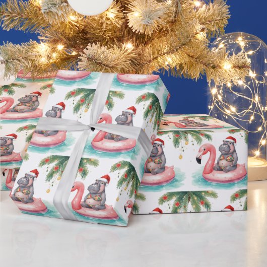 Nilpferd im Bikini auf der Weihnachtspoolparty Geschenkpapier (Feiertage)