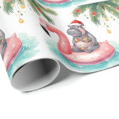 Nilpferd im Bikini auf der Weihnachtspoolparty Geschenkpapier (Rolleneckpunkt)