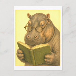 Nilpferd im Vintage-Stil beim Lesen Postkarte