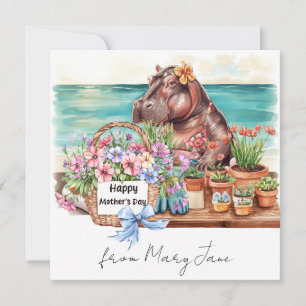 Nilpferd mit Muttertags-Blumenstrauß am Strand Loc Feiertagskarte