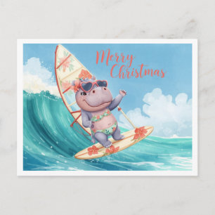 Nilpferd-Surfer auf Surfbrett an Weihnachtsfeierta Feiertagspostkarte