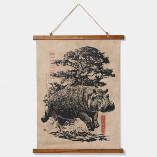 Nilpferd und Bonsai-Baum | Wabi Sabi Japandi Kunst Wandteppich Mit Holzrahmen
