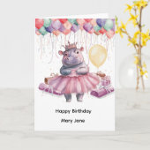 Nilpferdprinzessin mit Luftballon Karte (Gelbe Blume)