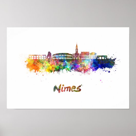 Nimes Skyline in Aquarellfarben Poster (Vorne)