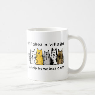 Nimmt ein Dorf Hilfe Obdachlose Katzen Kaffeetasse