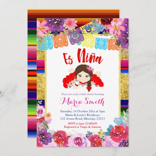Niña Mexican Spanish Girl Baby Dusche Einladung (Vorne/Hinten)