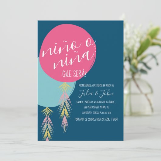 Nina o Nino Gender Reveal Tassel Balloon Navy Einladung (Stehend Vorderseite)