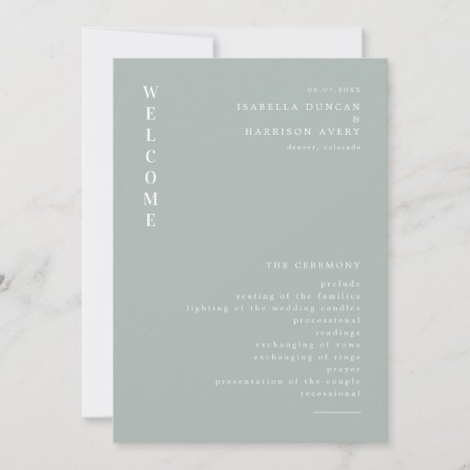 NINA Sage Green Minimal Bohemisch Hochzeitsprogram Einladung (Vorderseite)