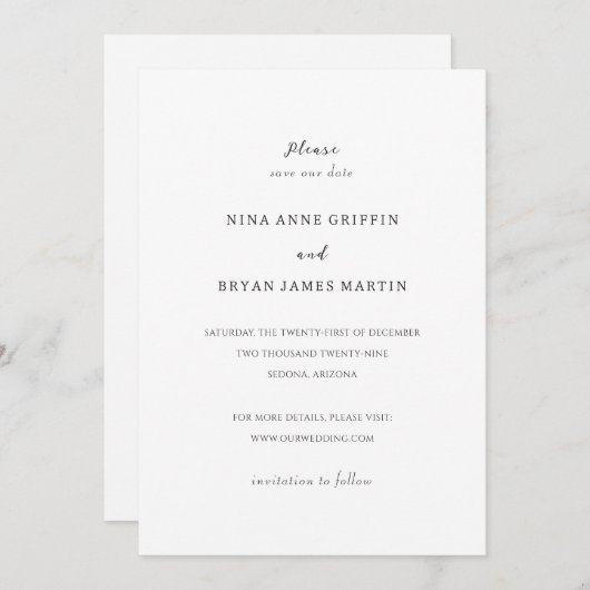 Nina Simple Elegant Wedding Save The Date (Vorne/Hinten)