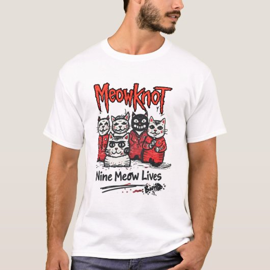Nine Meow Lives – Metal Cat Band Parody T-Shirt (Vorderseite)